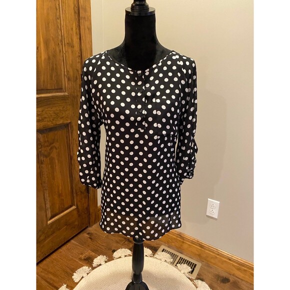 Massini Blouse Plus Size XL Top Sheer 3/4 Sleeve Black & White Polka Dot - Picture 1 of 7